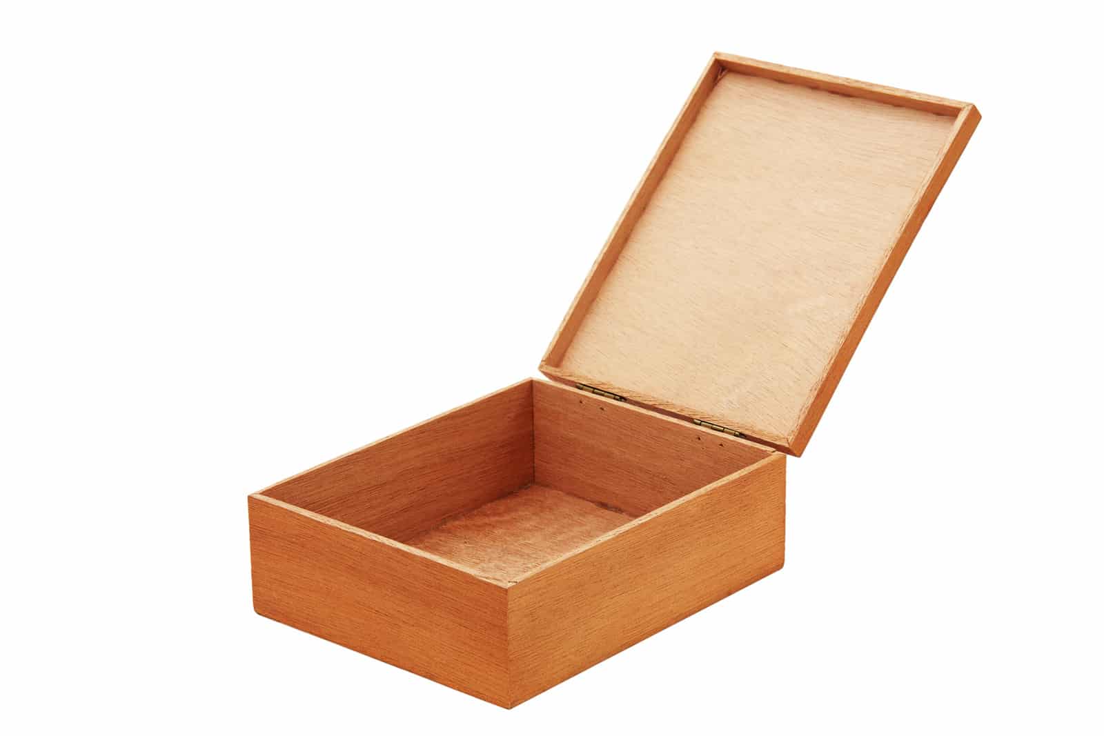 open wooden box on white background